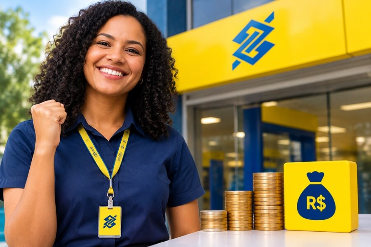 Imagem mostra uma mulher com crachá do banco do brasil comemorando ao lado de um três piilhas de moedas e em frente a uma agência do BB