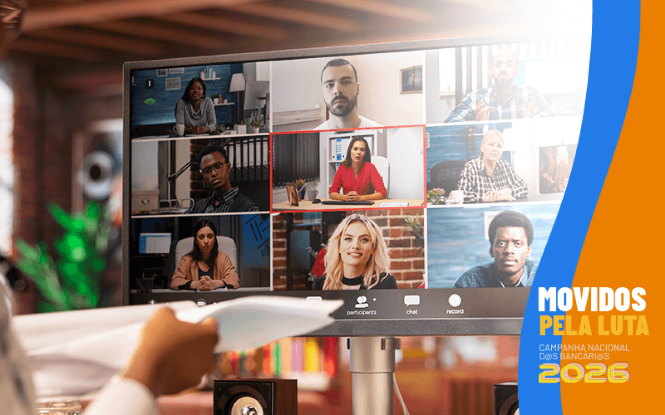 Imagem de tela de computador com pessoas em uma reunião virtual