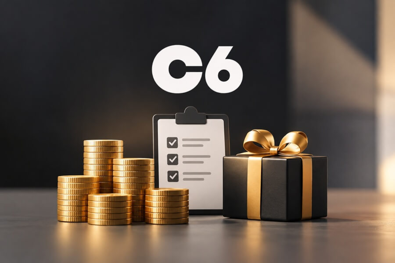 Imagem mostra pilhas de moedas sob o logo do C6