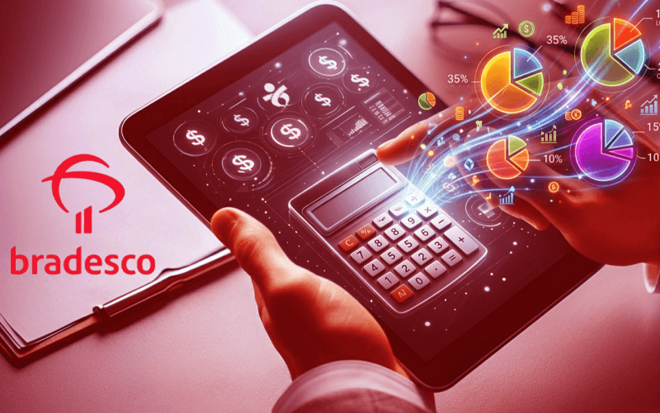 Imagem de uma calculadora sobre um papel com o logo do bradesco