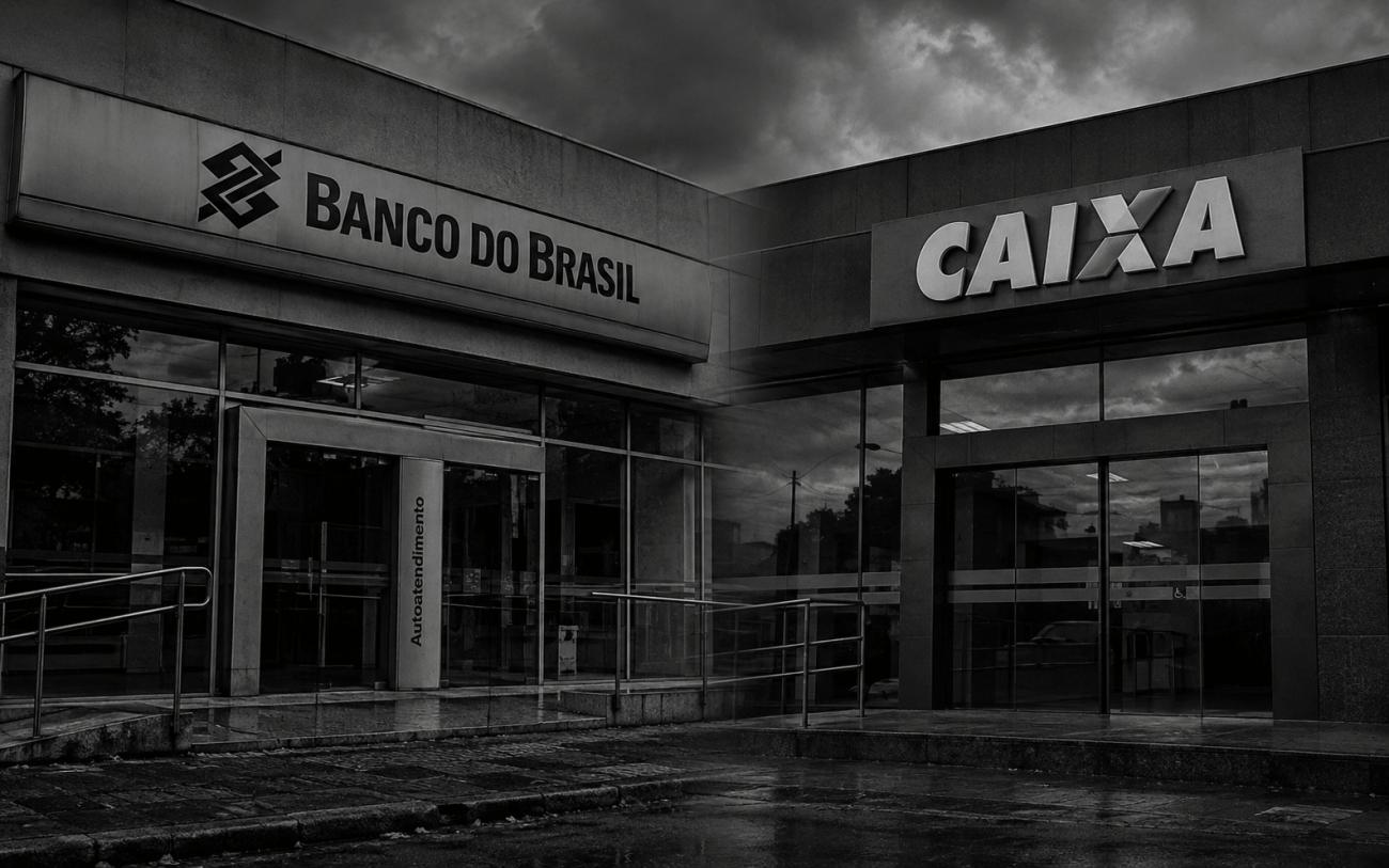 Agência do BB e da Caixa, em preto e branco, com céu nublado