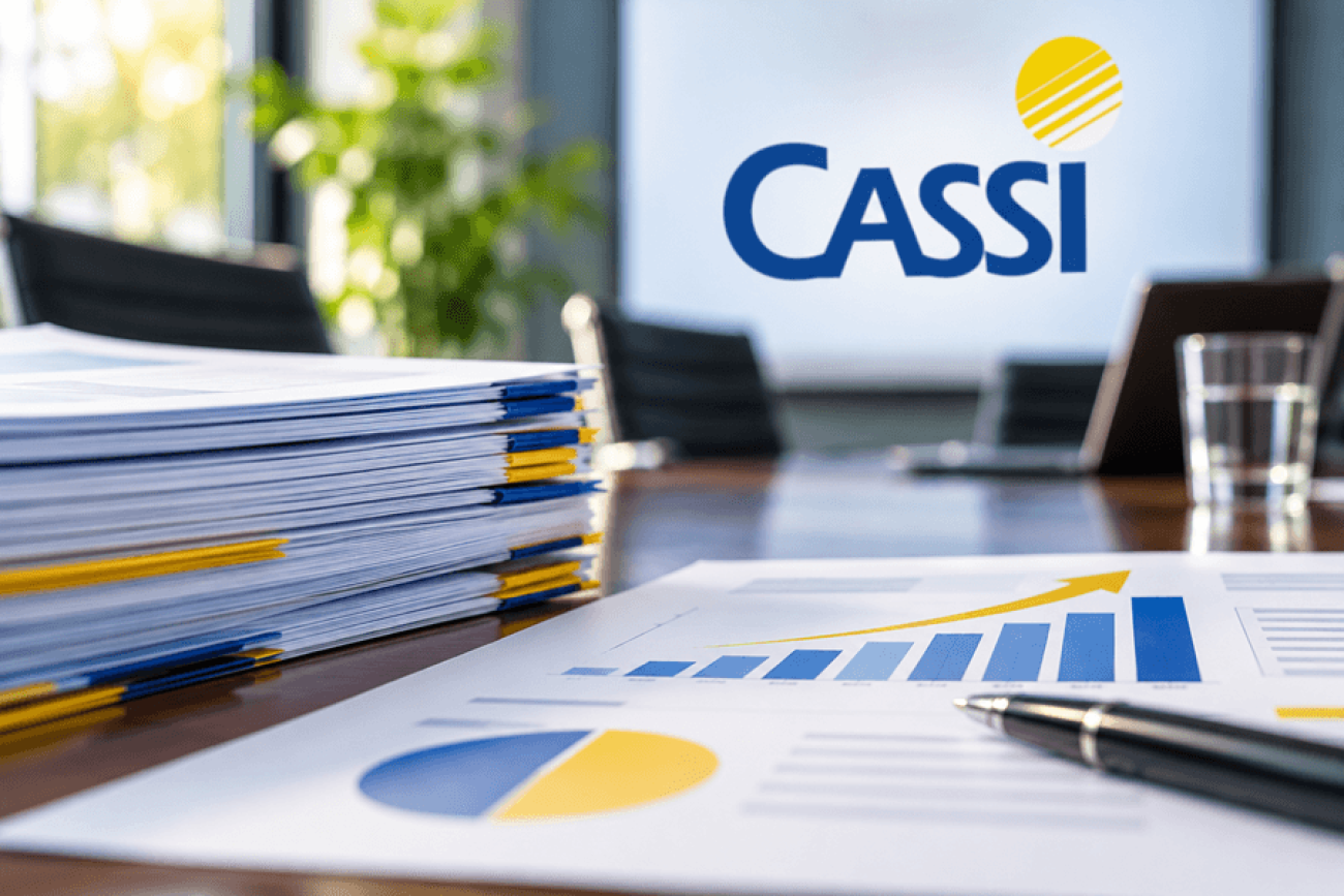 Imagem ilustrativa sobre o avanço das negociações da Cassi, com documentos e gráficos financeiros em azul e amarelo sobre uma mesa de reunião. Ao fundo, o logotipo da Cassi representa as discussões sobre a proposta de aporte extraordinário para recomposição das reservas da entidade.
