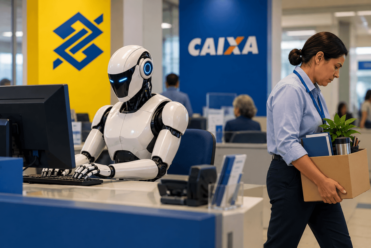 Imagem feita por inteligência artificial mostra um robô sentado em frente a um computador enquanto uma mulher vai embora de cabeça baixa segurando uma caixa com pertences. Ao fundo dois banneres, um amarelo com o logo do banco do brasil e outro azul com o logo da caixa econômica federal