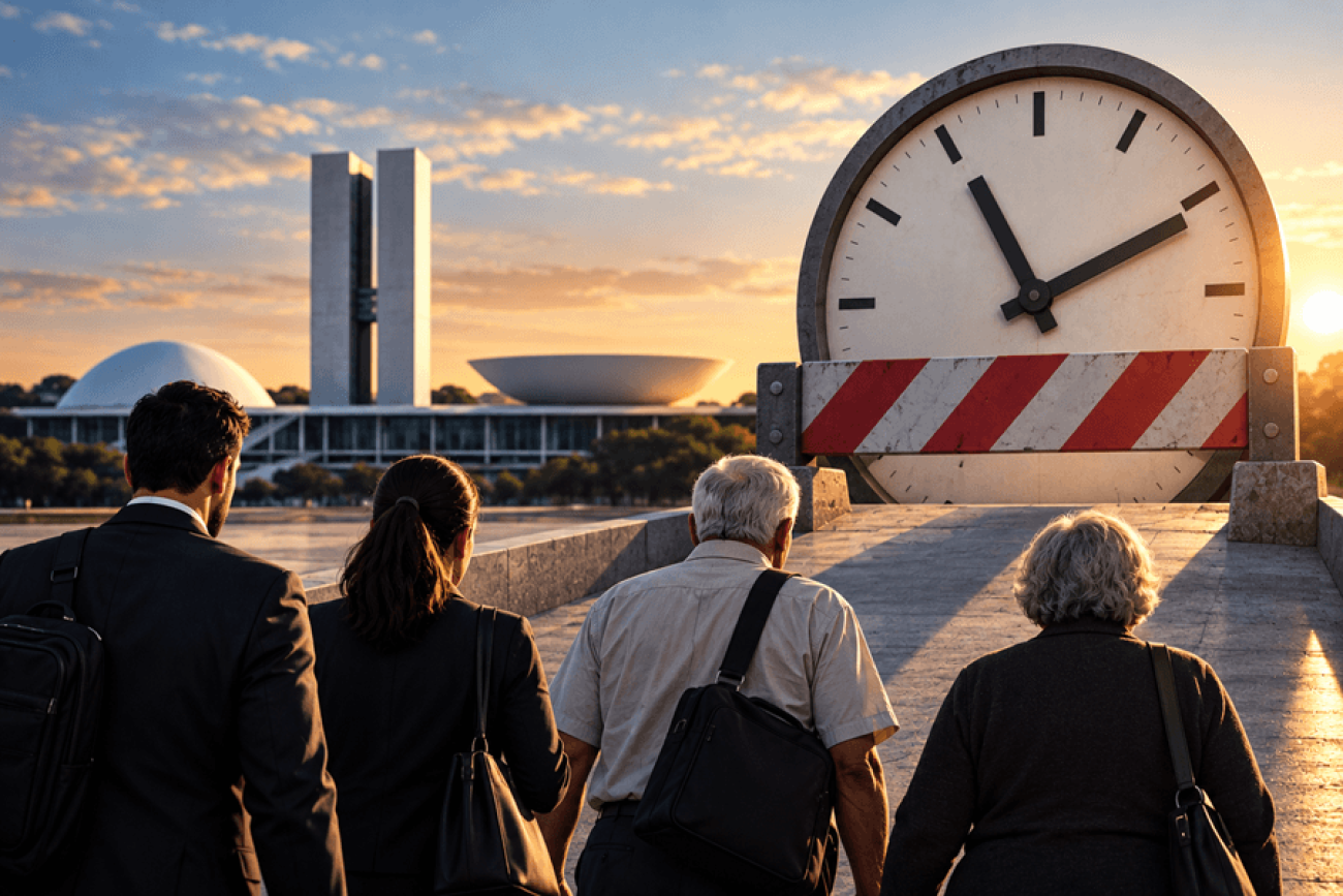 imagem feita por IA mostra pessoas andando em direção a um relógio em tamanho grande posicionado ao lado de uma barreira. Ao fundo, o prédio do Congresso Nacional