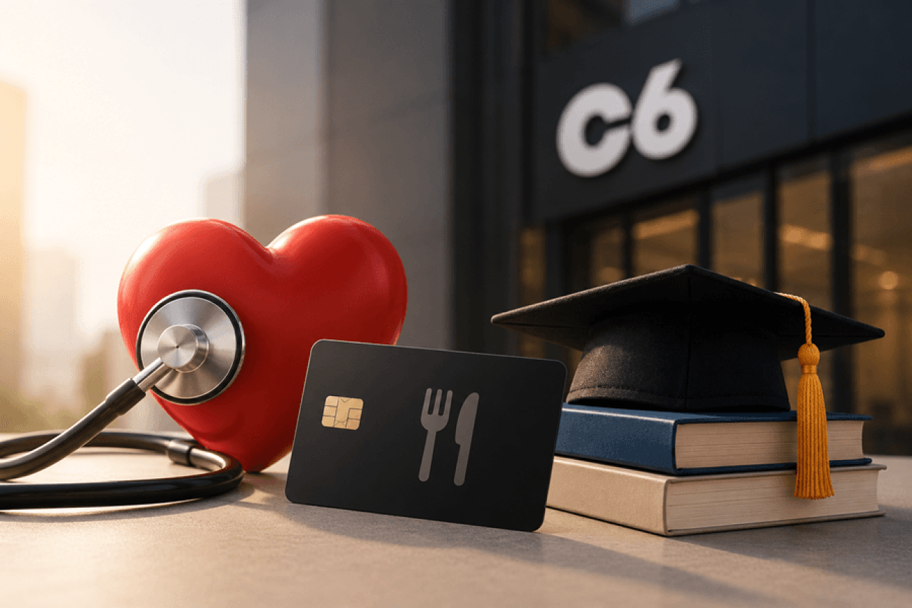 Imagem feita por Inteligência Artificial composta por um coração, um estetoscópio, um cartão magnético, um capelo, livros e o logo do C6