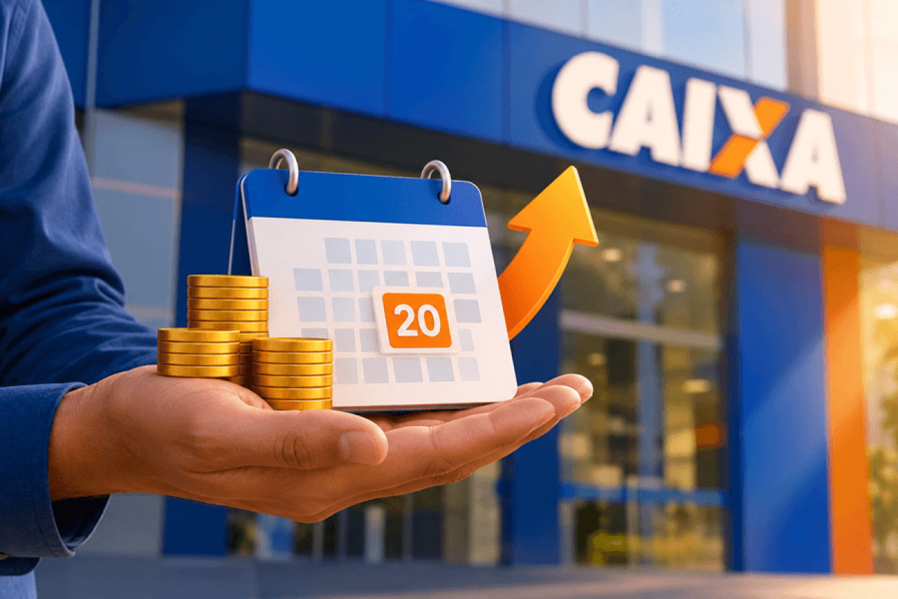 Imagem mostra uma mão segurando um calendário e uma pilha de moedas douradas em frente a uma agência da Caixa