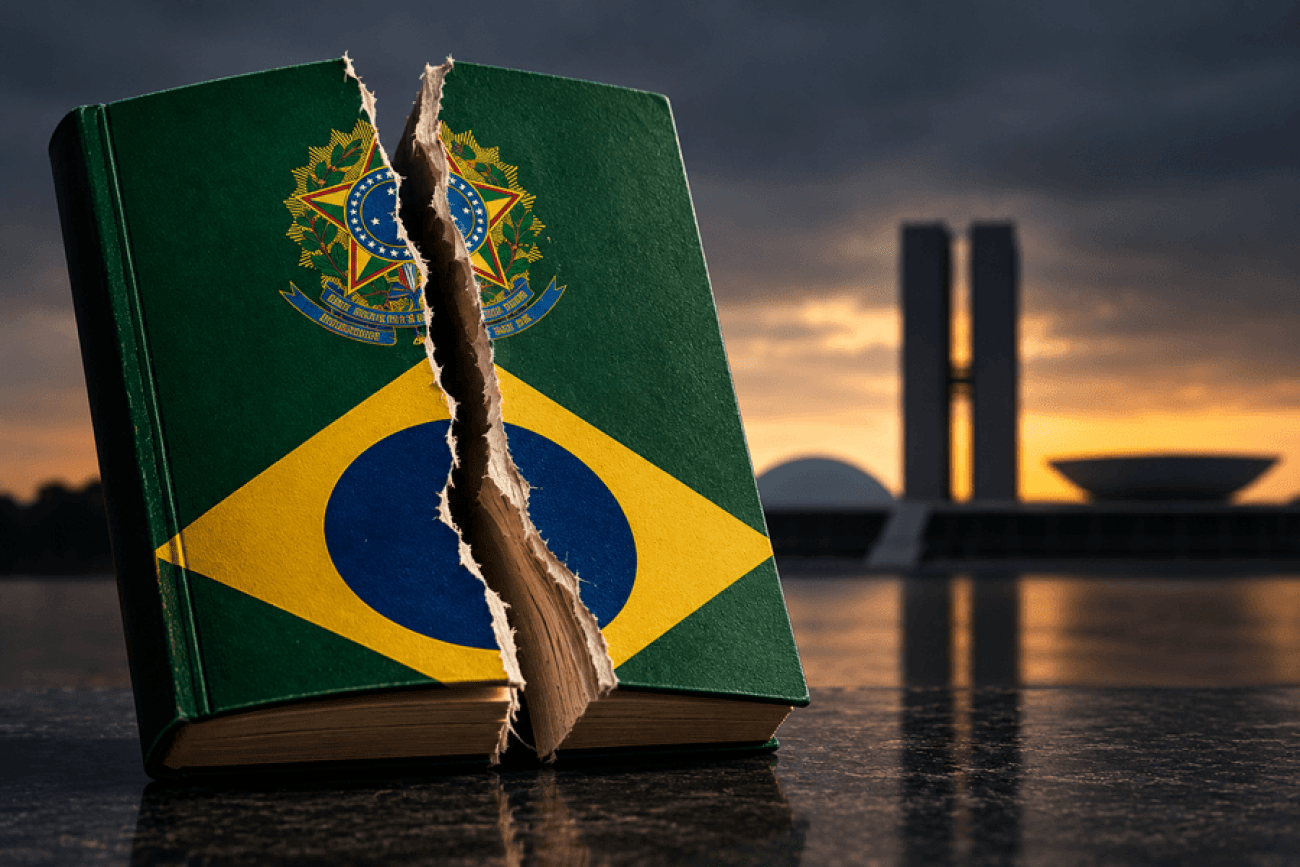 Imagem feita por Inteligência Artificial mostra o livro da Constituição Federal rasgado em primeiro plano e, ao fundo, o prédio do Congresso Nacional sob o entardecer