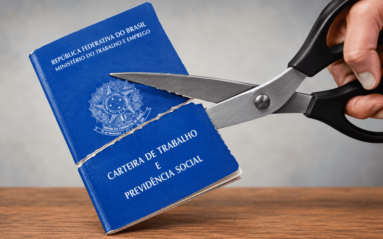 Imagem de uma carteira de trabalho sendo cortada com uma tesoura