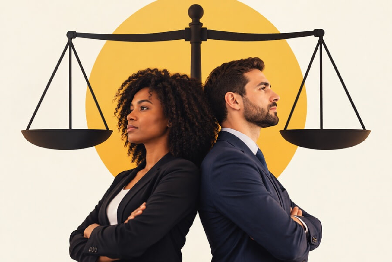 Imagem feita por ia mostra um homem branco e uma mulher negra, de costas um para o outro e apoiando as costas um sobre o outro. atrás deles há um círculo amarelo e uma balança