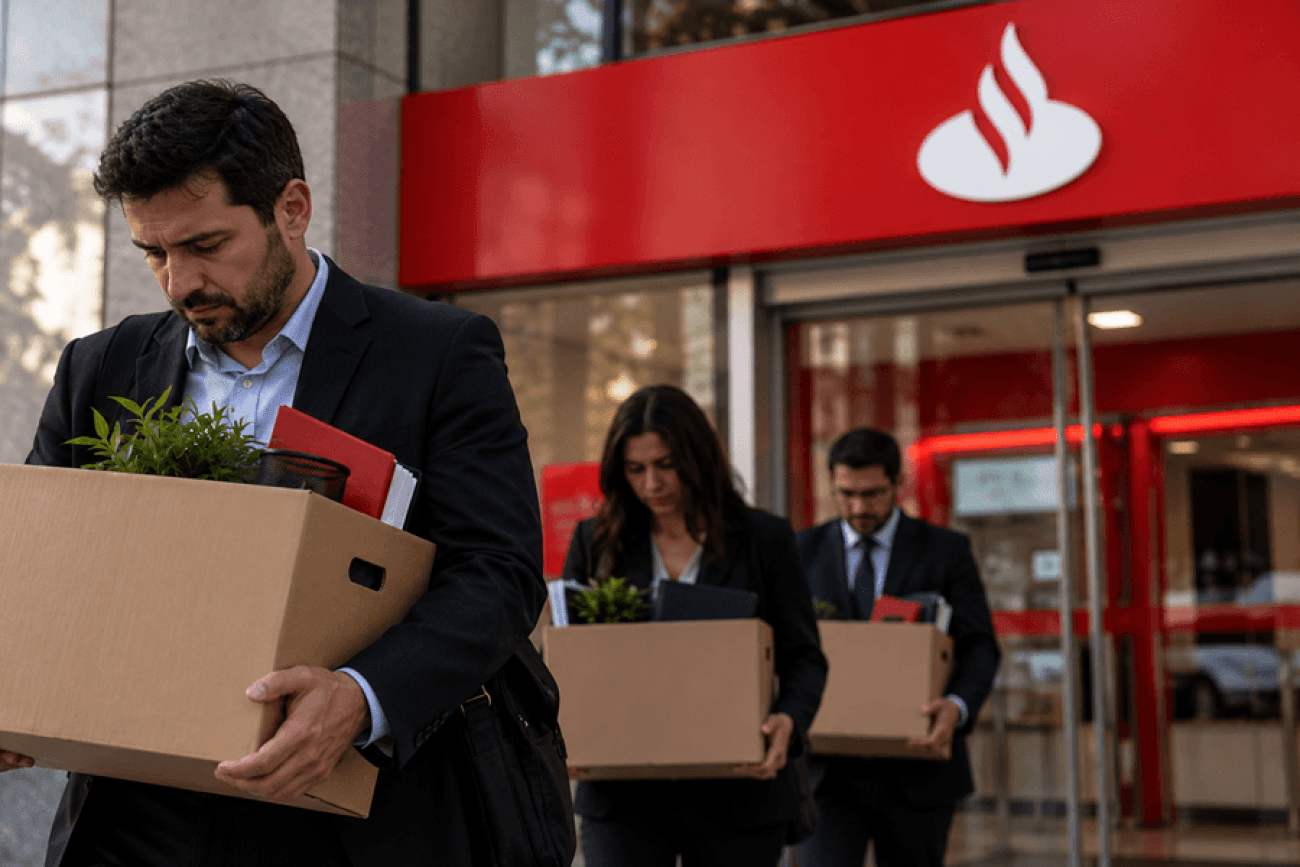 Três bancários demitidos deixam uma agência do Santander carregando caixas com seus pertences pessoais. Em primeiro plano, um trabalhador apresenta expressão de tristeza, enquanto o logotipo do banco aparece ao fundo.