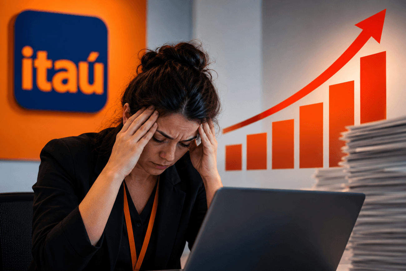 Imagem feita por inteligência artificial mostra uma mulher sentada levando as mãos à cabeça e com semblante preocupado. atrás dela, o  logo do itaú e um gráfico em barras indicando alta