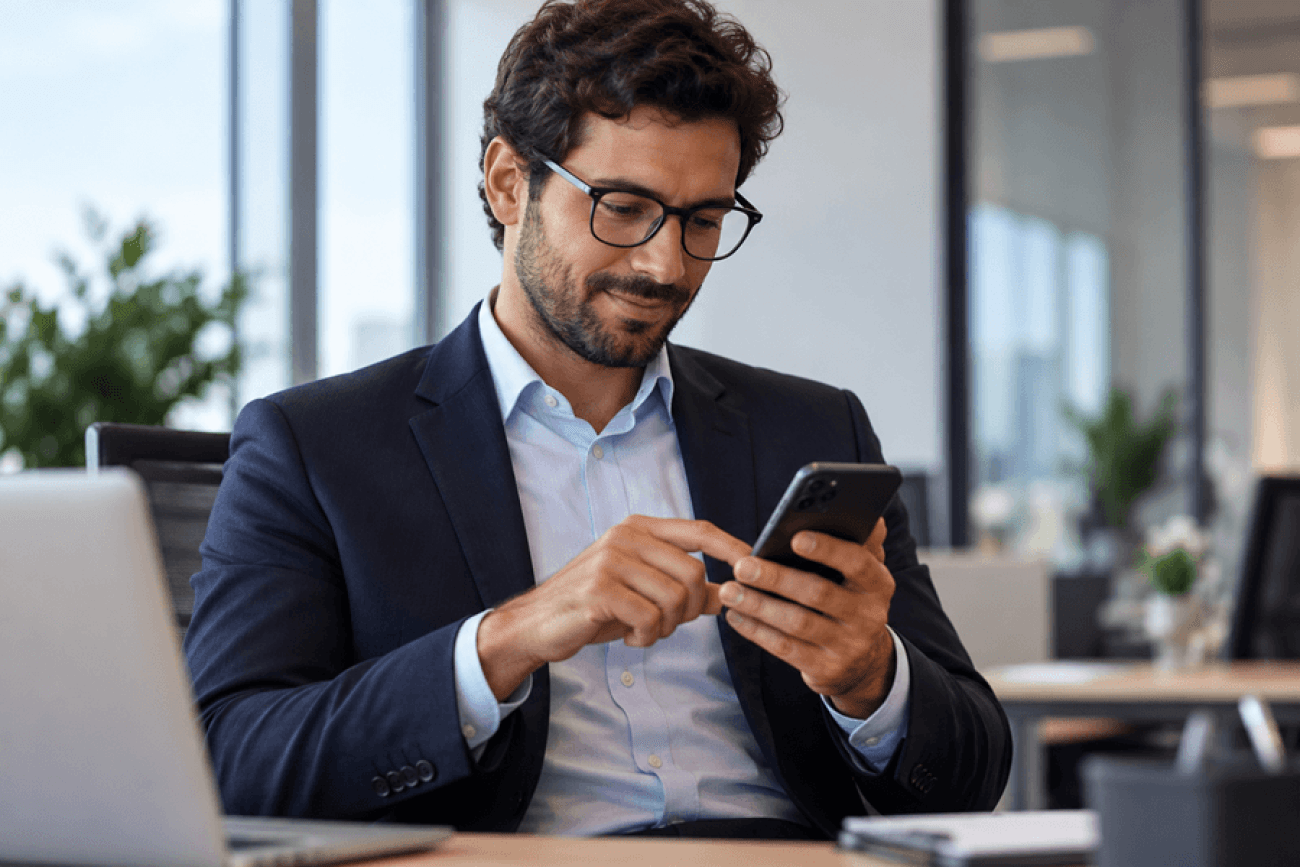 Imagem mostra homem mexendo em um telefone celular
