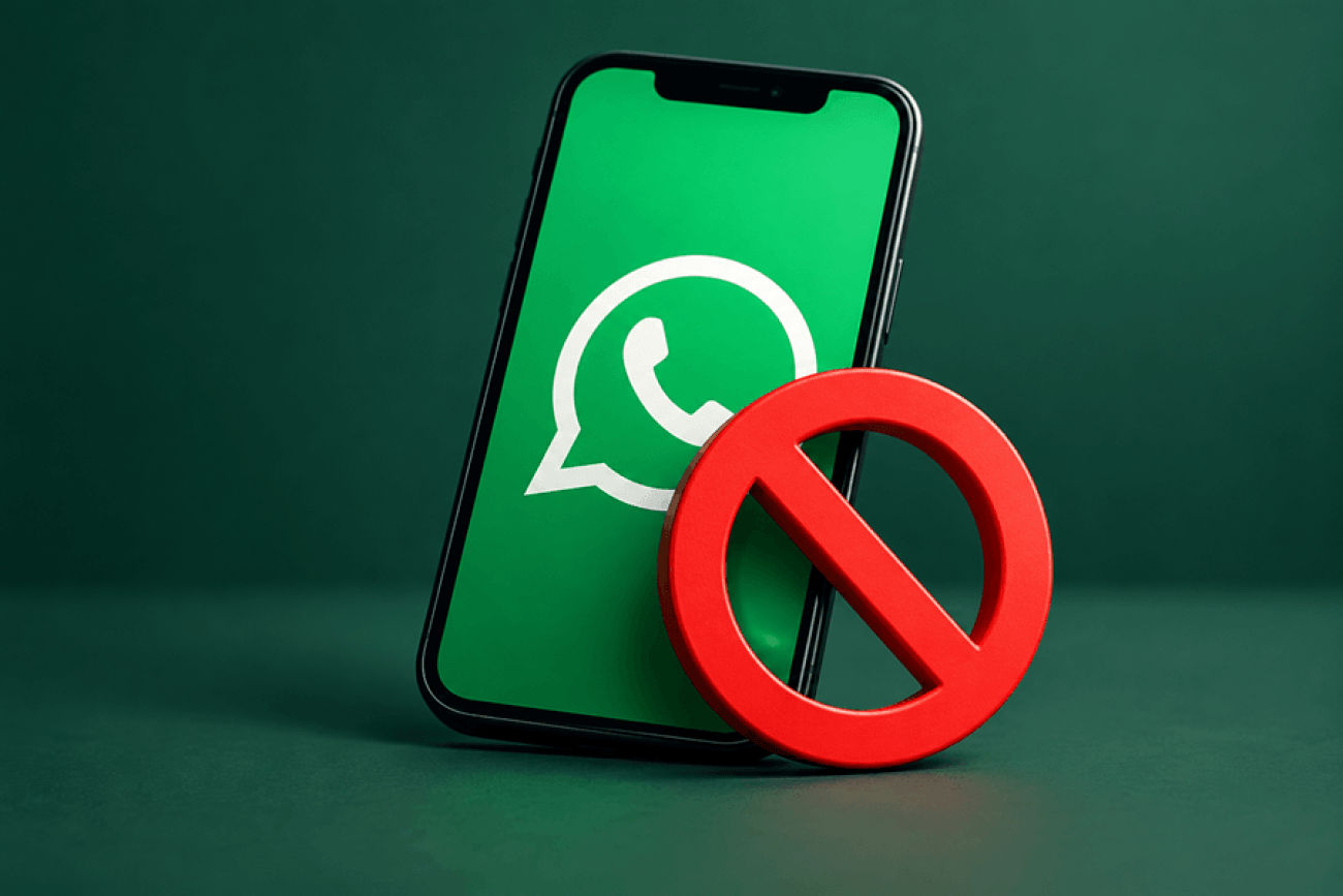 Imagem feita por Inteligência Artificial mostra um telefone celular com o logo do whtsapp projetado em sua tela. ao lado, um círculo vermelho com um a linha diagonal no seu interior em todo o seu diâmetro, indicando bloqueio