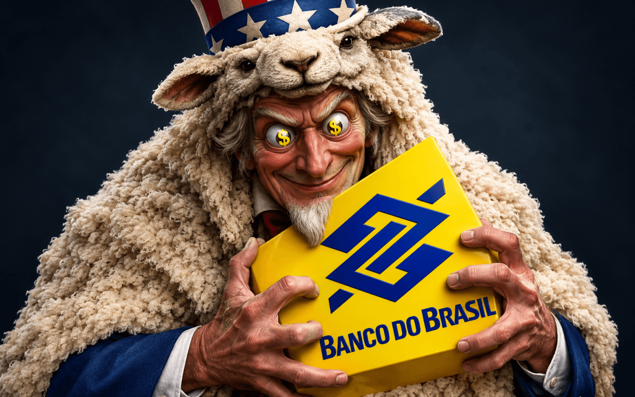 Imagem do Tio Sam, vestido em pele de cordeiro, segurando o logotipo do BB