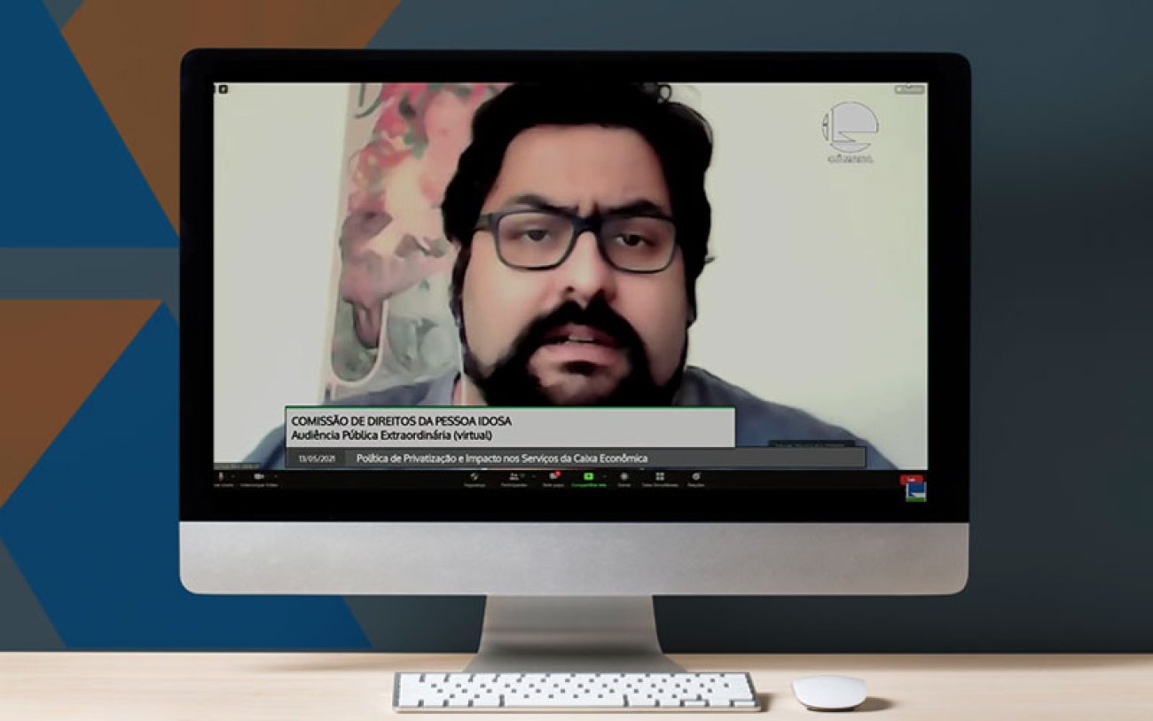 Montagem: Linton Publio Imagem da participação de Dionísio Reis, empregado da Caixa e diretor do Sindicato, em audiência pública da Comissão dos Direitos da Pessoa Idosa da Câmara dos Deputados