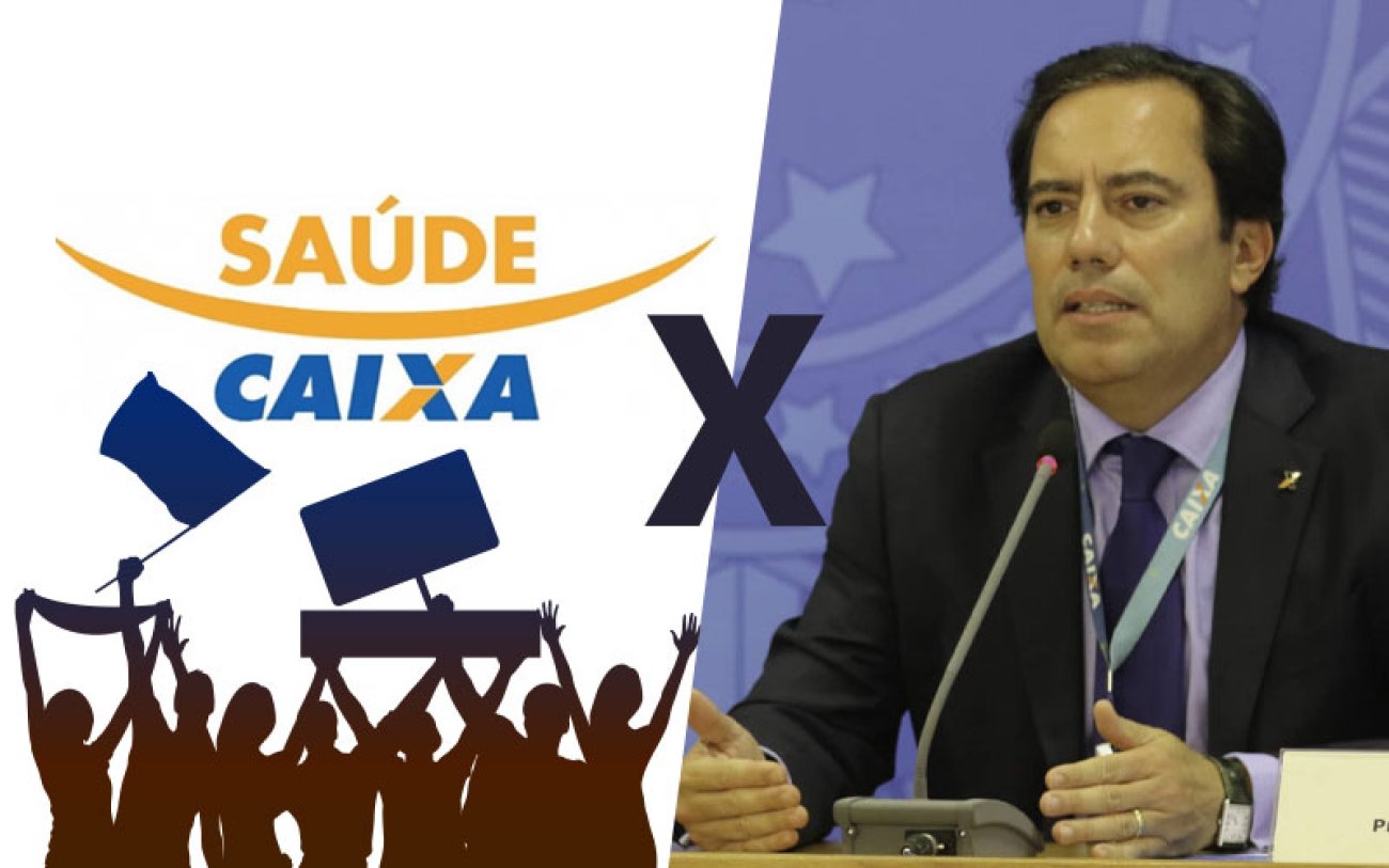 Em um lado, desenho simboliza trabalhadores em protesto, abaixo do logo do Saúde Caixa. Do outro lado, uma foto do presidente da Caixa, Pedro Guimarães. Imagem está dividida no meio com um "X", simbolizando Pedro Guimarães contra o Saúde Caixa e os trabalhadores
