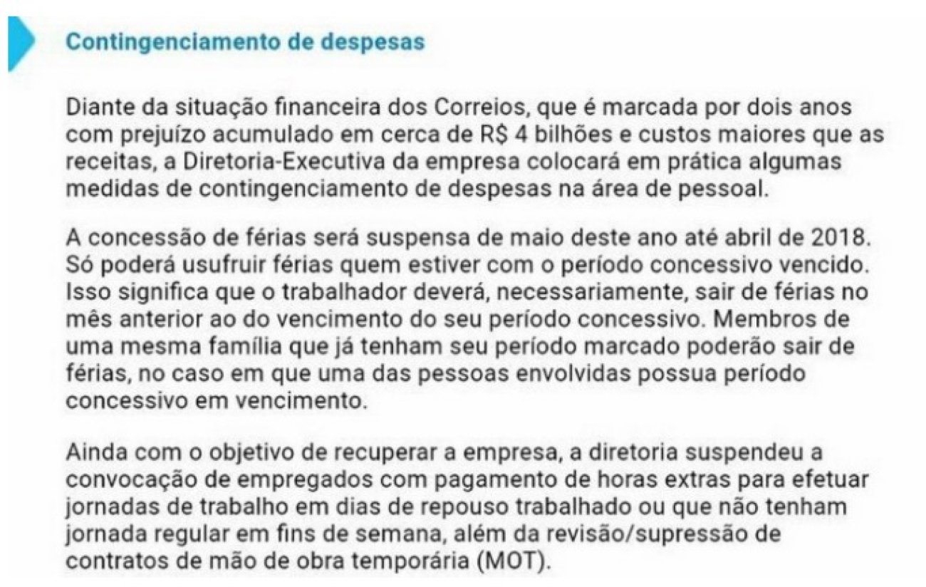 Comunicado aos funcionários dos Correios sobre a suspensão das férias Foto: Divulgação