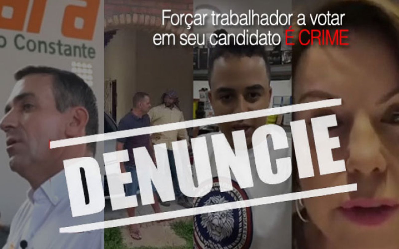 Imagem: Reprodução/CUT Imagem de patrões coagindo empregados a votar no seu candidato, acompanhada da palavra denuncie