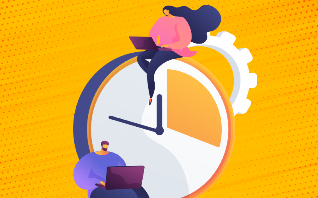 arte com fundo laranja, um relógio de ponto no meio e duas pessoas trabalhando com notebooks, uma embaixo do relógio e outra em cima. ao lado da pessoa de cima, meia engrenagem