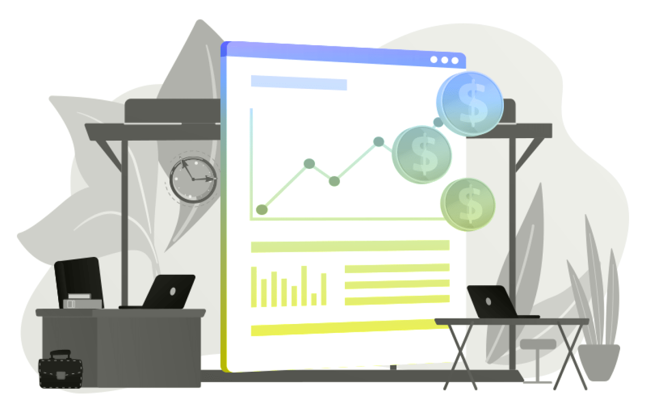 Desenho mostra mesas vazias e uma planilha com lucro em crescimento