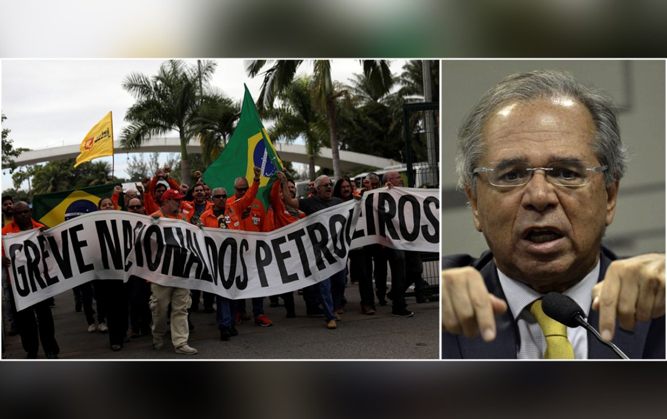 Petroleiros fazem manifestações pelo país e acusam empresa de desrespeitar acordo e prejudicar a economia. Guedes ataca trabalhadores MONTAGEM/FOTOS FUP E FABIO RODRIGUES POZZEBOM/AGÊNCIA BRASIL