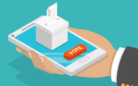Arte em desenho de uma urna sobre um telefone celular com a palavra "vote"