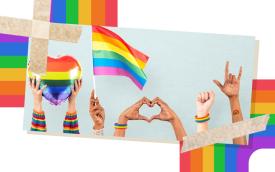 Arte composta por bandeiras e faixas com as cores do arcoíris e mãos braços erguidos