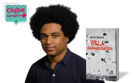 Fotografia do escritor Wesley Barbosa, acompanhada do livro Viela Ensanguentada e do logotipo do Clube de Vantagens