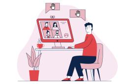 Desenho mostra um homem sentado em uma mesa de trabalho, de frente para um computador em cuja tela se veem outras pessoas, em uma reunião virtual