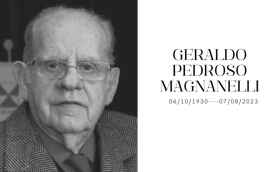 Foto do ex-dirigente Geraldo Magnanelli, um homem branco, de 92 anos. Ao lado da foto, o nome dele com a data de nascimento e de falecimento