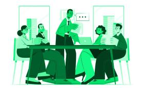 Imagem em desenho na cor verde mostra pessoas reunidas em torno de uma mesa