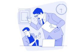 Desenho mostra um gestor gritando com um trabalhador, sentado em uma mesa