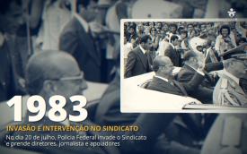 Fotografia mostra presidente João Figueiredo quando determinou a invasão e prisao de diretoria, jornalista responsável pela Folha Bancária do Sindicato