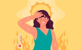 Imagem em desenho mostra uma mulher passando a mão na testa, em sinal de calor, sob o Sol