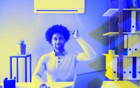 Imagem estilizada com as cores azul e amarela mostra um homem trabalhando sob um aparelho de ar-condionado