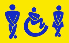 Ícones de porta de banheiro - um homem, uma pessoa com deficiência, e uma mulher - em posição que remete a necessidade de utilizar o banheiro. Os bonecos são azuis, em fundo amarelo
