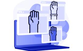Imagens de telas, com mãos espalmadas, em tons de azul, remetendo a aprovação em assembleia virtual