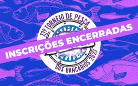 Logotipo do 13º Torneio de Pesca em Dupla do Sindicato dos Bancários e Financiários de São Paulo, Osasco e Região, com uma tarja sobreposta com a frase: inscrições encerradas