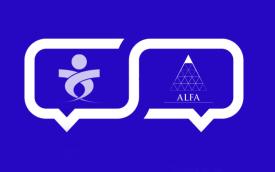 Arte em desenho com fundo azul e os logos do Sindicato dos Bancários e Financiários de São Paulo e do Grupo Alfa, lado a lado, circundados por uma linha branca em formato de balão, indicando diálogo