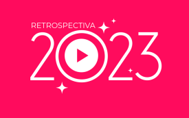 Retrospectiva 2023, escrito em branco, com fundo rosa