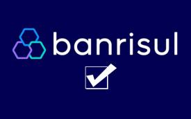 Imagem com fundo azul composta do logo do Banrisul acima de um quadrado com um sinal de "check" dentro dele