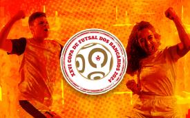 Imagem de um jogador e uma jogadora de futsal, com o logotipo do torneio no centro, em tons de laranja