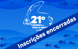 Logotipo do 21º Torneio de Pesca Esportiva do Sindicato dos Bancários e Financiários de São Paulo, Osasco e Região; com uma tarja com a frase "inscrições encerradas" sobreposta 