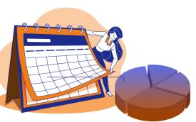 Ilustração de uma mulher virando a folha de um calendário, ao lado de um gráfico em pizza, remetendo a data do pagamento da PLR pela Caixa