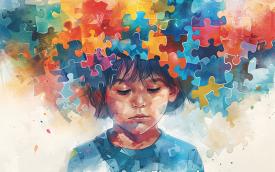 Imagem em desenho mostra peças de ponta de quebra-cabeça saindo da cabeça de uma criança