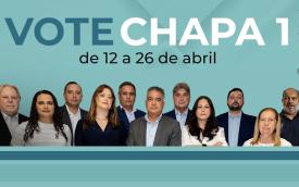 Fotografia da Chapa 1, apoiada pelo Sindicato nas eleições da Previ, acompanhada do texto: "vote chapa 1, de 12 a 26 de abril"
