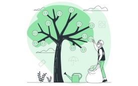 Imagem em desenho mostra um idoso colhendo moedas em uma árvore