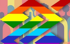 Logo da campanha “LGBTQIA+ Cidadania”, que é a logo do Banco do Brasil reproduzida com o colorido da bandeira LGBTQIA+