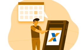 Imagem em desenho composta de um homem defronte a uma tela em tamanho grande que exibe o "X" do logo da Caixa. Ao fundo, um calendário