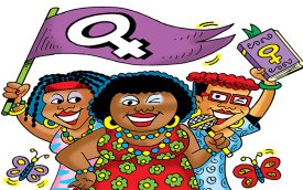 Charge sobre o Dia Internacional da Mulher Negra Latino-Americana e Caribenha, composta de três mulheres, sendo uma negra, uma latino-americana e uma caribenha. uma ao lado da outra. uma delas ergue uma bandeira roxa com o símbolo do feminismo